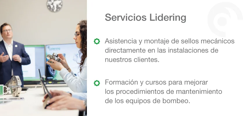 Equipo de servicios de Lidering discutiendo capacitación e instalación de sellos mecánicos.