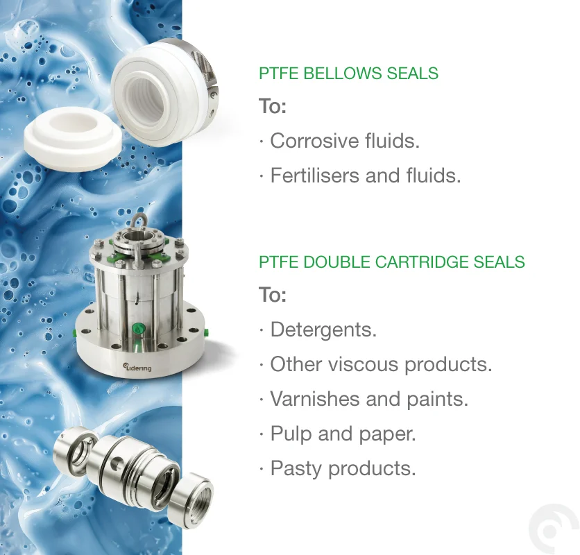 PTFE bellows and double cartridge seals for corrosive fluids and viscous products used in industrial applications.