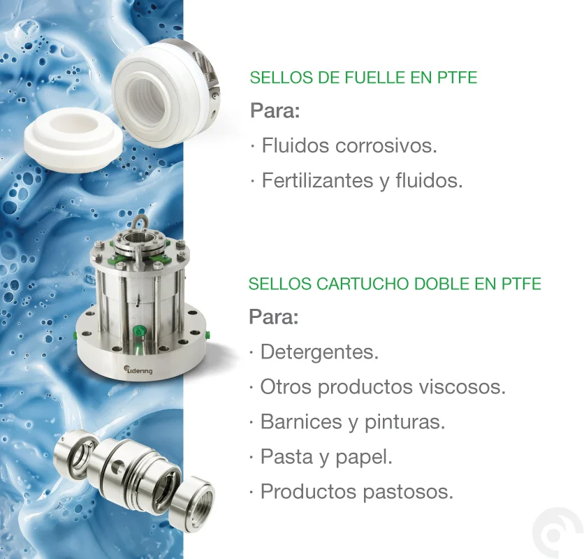 Sellos de fuelle de PTFE y de cartucho doble para varias aplicaciones.