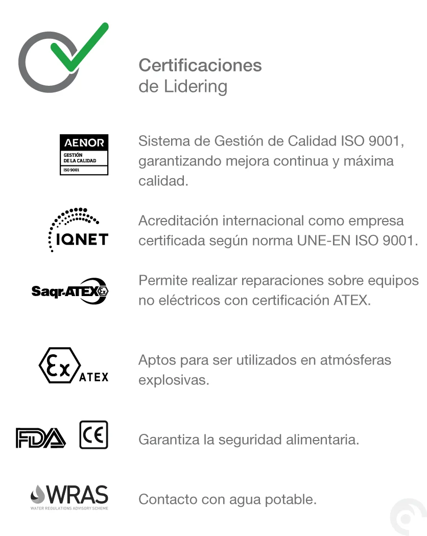 Parte industrial con el logo de Lidering, mostrando certificaciones.