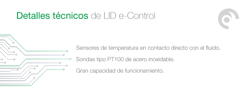 Detalles técnicos del sistema LID e-Control con sensores de temperatura y sondas PT100.